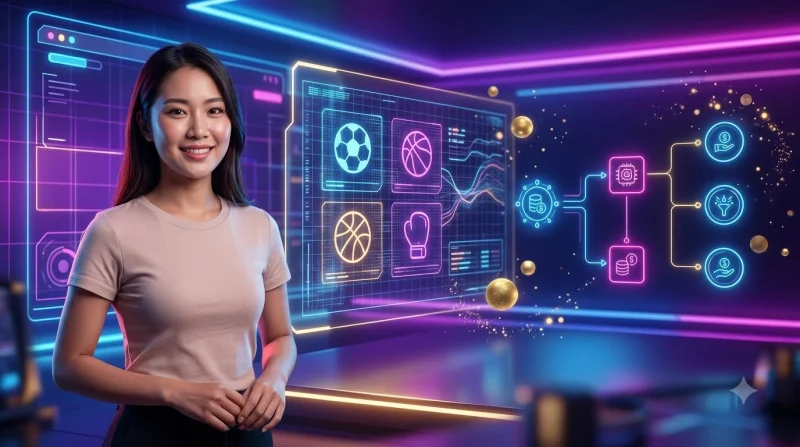 Hình ảnh minh họa người ngồi trước laptop với biểu tượng phong thủy may mắn